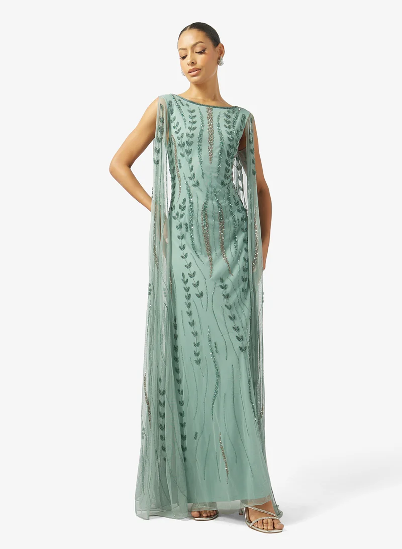 Bead Embellished Evening Gown with Cape Sleeves